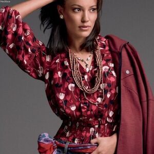 CAbi Corsage Burgundy Floral Blouse Ruffle Front Flowy Chiffon Top